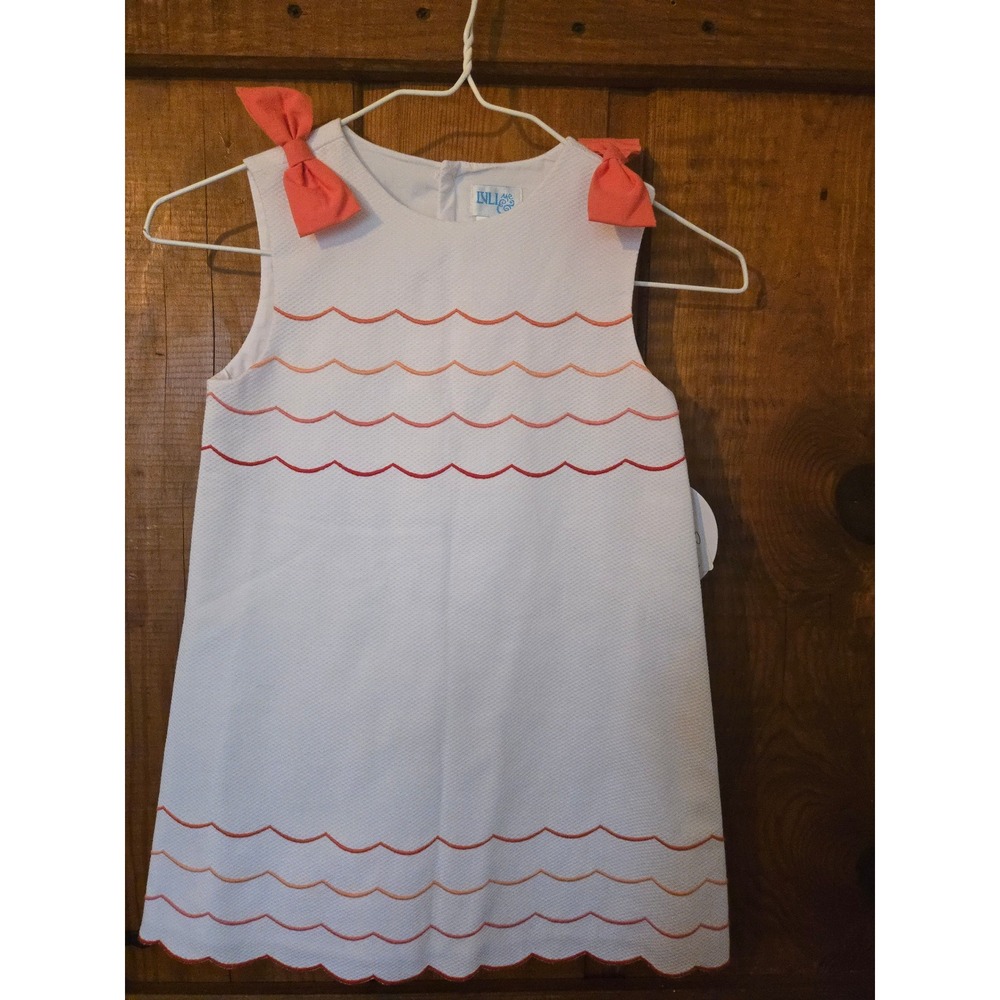 NWT - LULI & ME - Girls White Pique Scalloped Embroidered Bow Dress Size 6